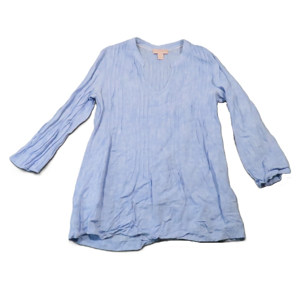 Saint Tropez West Linen Pintuck Tunic Top M Blue Roll Tab Sleeve Coastal Luxury